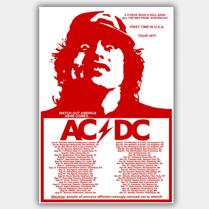 AC/DC - FIRST TIME IN THE USA 1977 - CONCERT POSTER - 13" X 19"