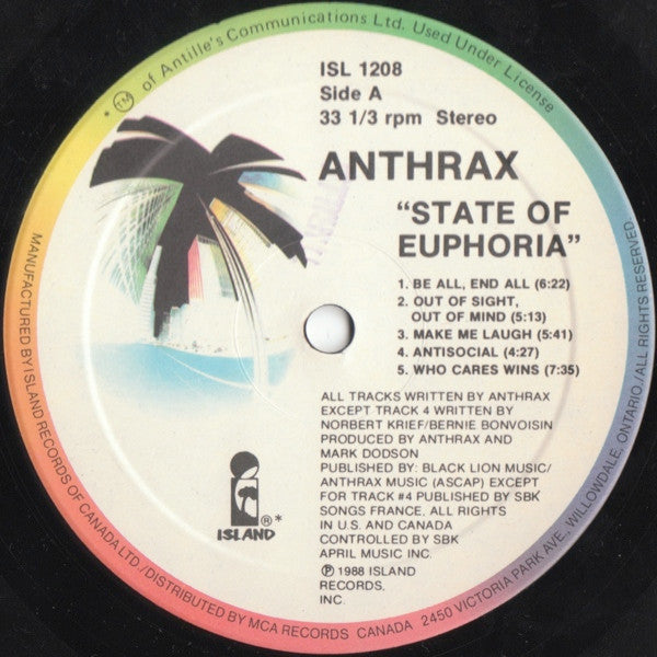 ANTHRAX - STATE OF EUPHORIA - ORIGINAL 1988 PRESSING - VERY CLEAN COPY VG++ - USED VINYL