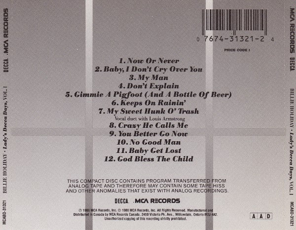 BILLIE HOLLIDAY - LADIES DECCA DAYS VOLUME 1 - USED CD