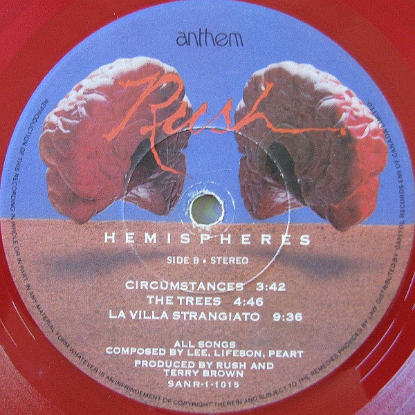 RUSH - HEMISPHERES - LIMITED EDITION RED VINYL - ORIGINAL 1978 PRESSING - USED VINYL