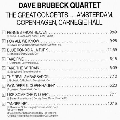 DAVE BRUBECK QUARTET - THE GREAT CONCERTS AMSTERDAM CARNEGIE HALL COPENHAGEN - USED VINYL - JAZZ