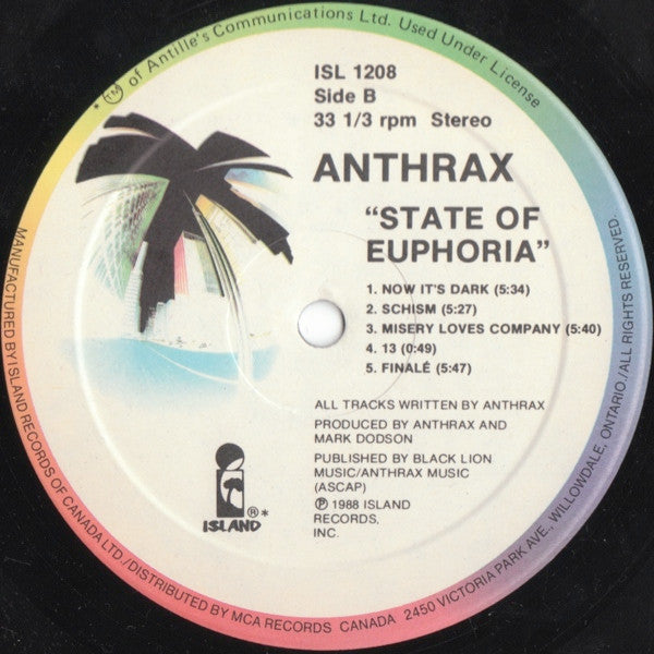 ANTHRAX - STATE OF EUPHORIA - ORIGINAL 1988 PRESSING - VERY CLEAN COPY VG++ - USED VINYL