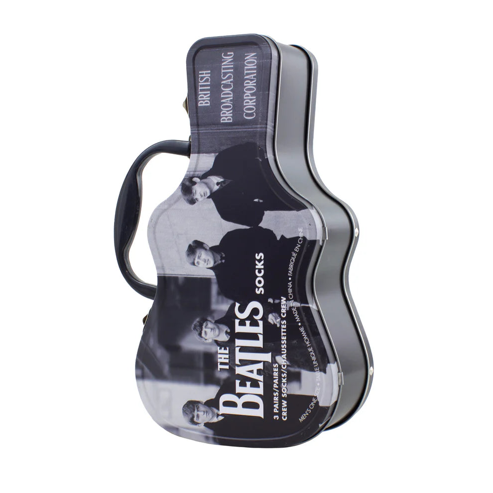 BEATLES TIN GUITAR W/3PR SOCKS.  CASE MEASURES 11" X 6" - NEW LICENSED MERCH