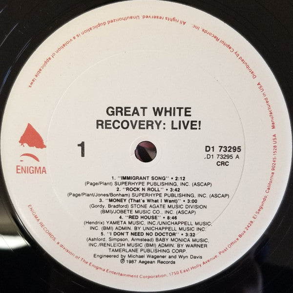 GREAT WHITE - RECOVERY: LIVE! - ORIGINAL 1987 PRESSING - VERY CLEAN COPY AND EXCELLENT COVER VG++ - USED VINYL