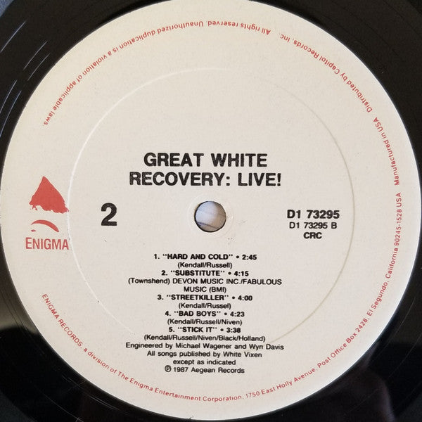 GREAT WHITE - RECOVERY: LIVE! - ORIGINAL 1987 PRESSING - VERY CLEAN COPY AND EXCELLENT COVER VG++ - USED VINYL