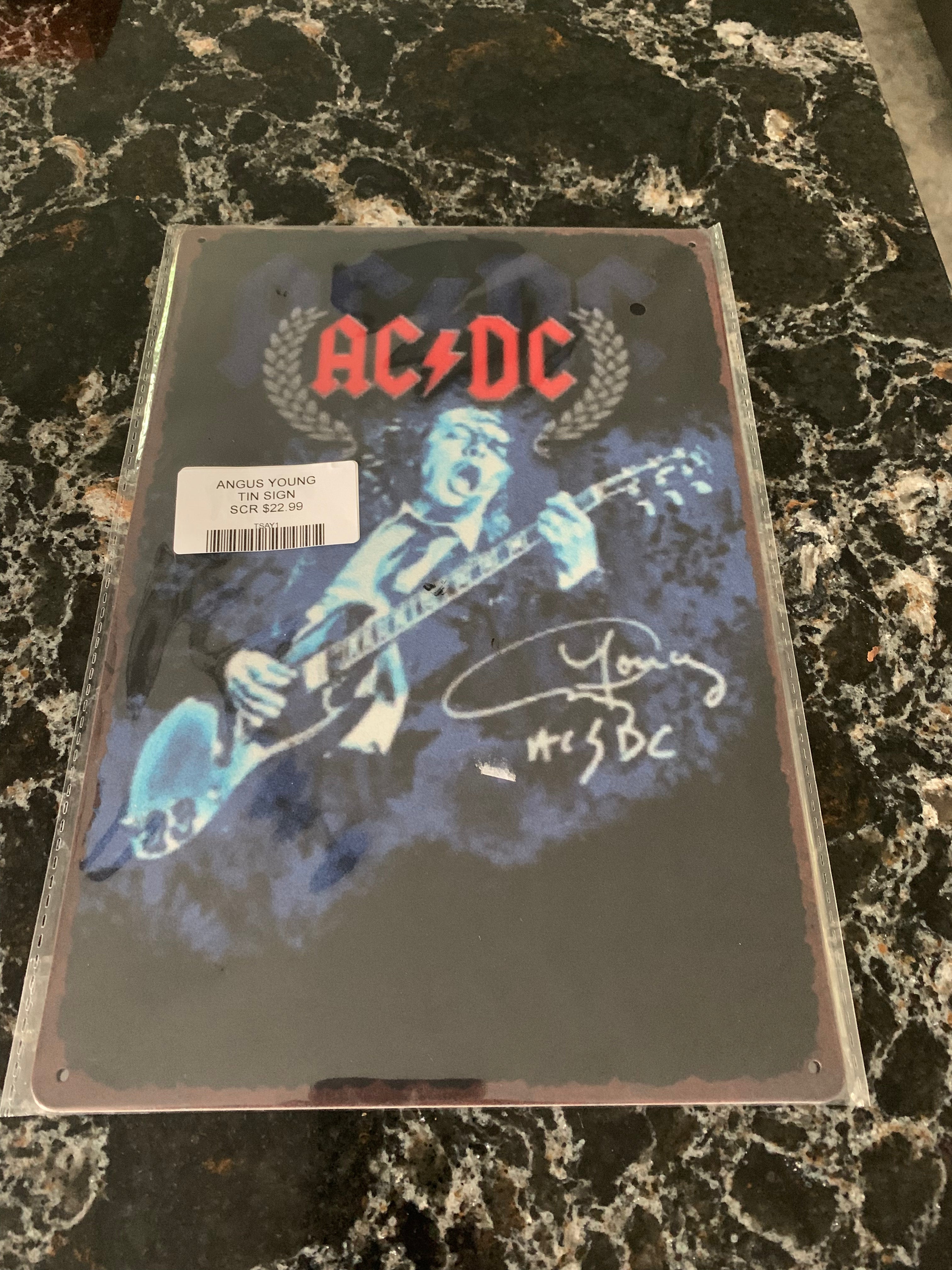 AC/DC- ANGUS YOUNG SIGNATURE TIN SIGN – SECOND CHANCE RECORDS