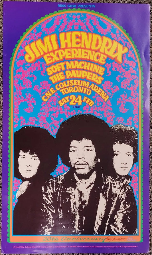 HENDRIX, JIMI Concert Poster. February 24, 1968. Jimi Hendrix Experience. Soft Machine. The Paupers. Toronto, Canada. 13 X 19