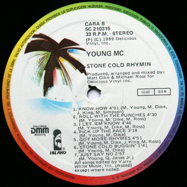 YOUNG M.C - STONE COLD RHYMIN' - ORIGINAL 1989 PRESSING - VERY CLEAN COPY AND COVER VG++ - USED VINYL